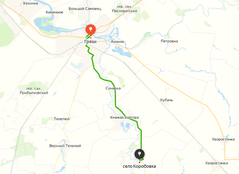 Схема проезда из г. Грязи до с. Коробовка.